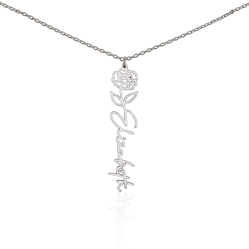 "TO MY GRANDDAUGHTER" BIRTH FLOWER NAME NECKLACE - POLISHED STAINLESS STEEL OR 18K YELLOW GOLD FINISH