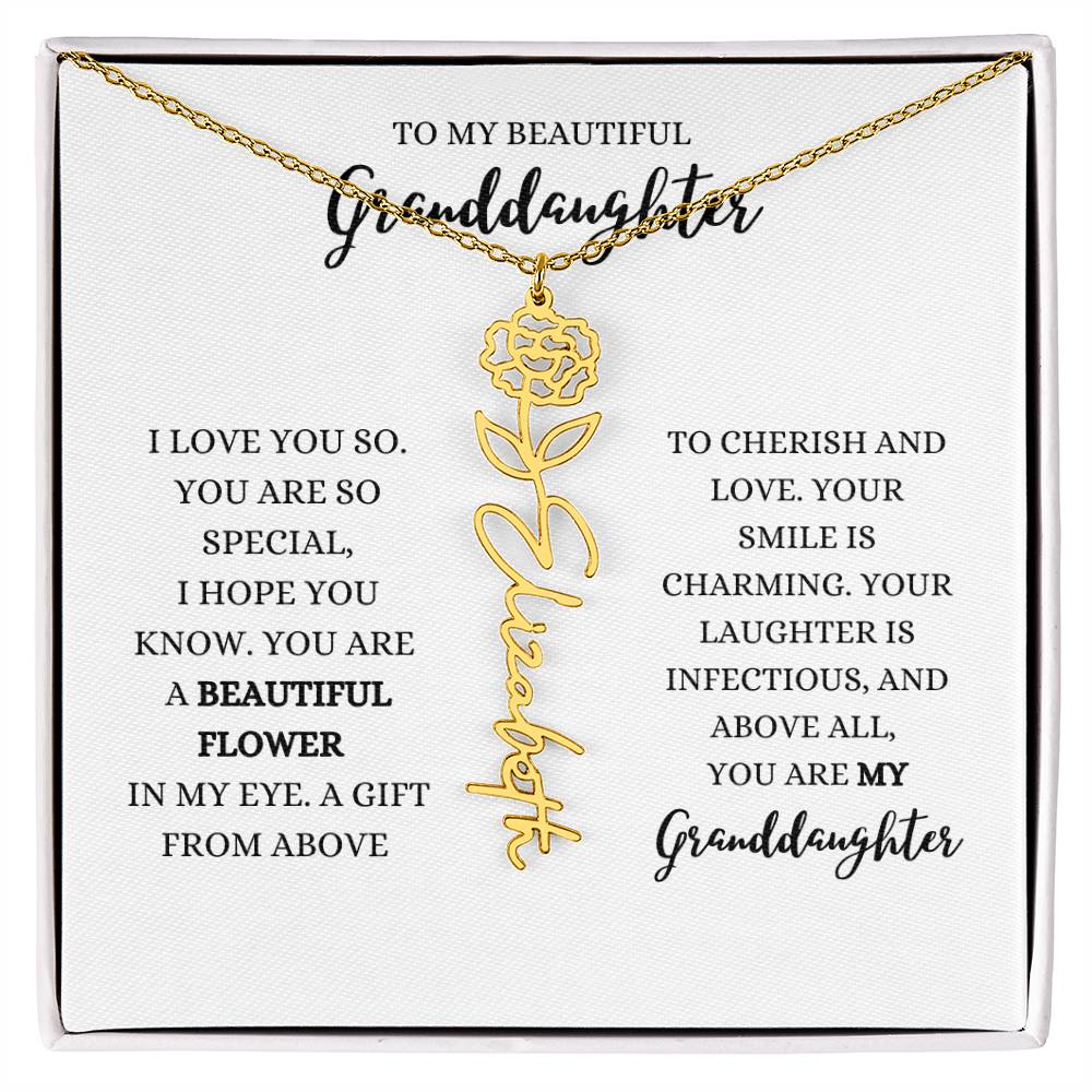 "TO MY GRANDDAUGHTER" BIRTH FLOWER NAME NECKLACE - POLISHED STAINLESS STEEL OR 18K YELLOW GOLD FINISH