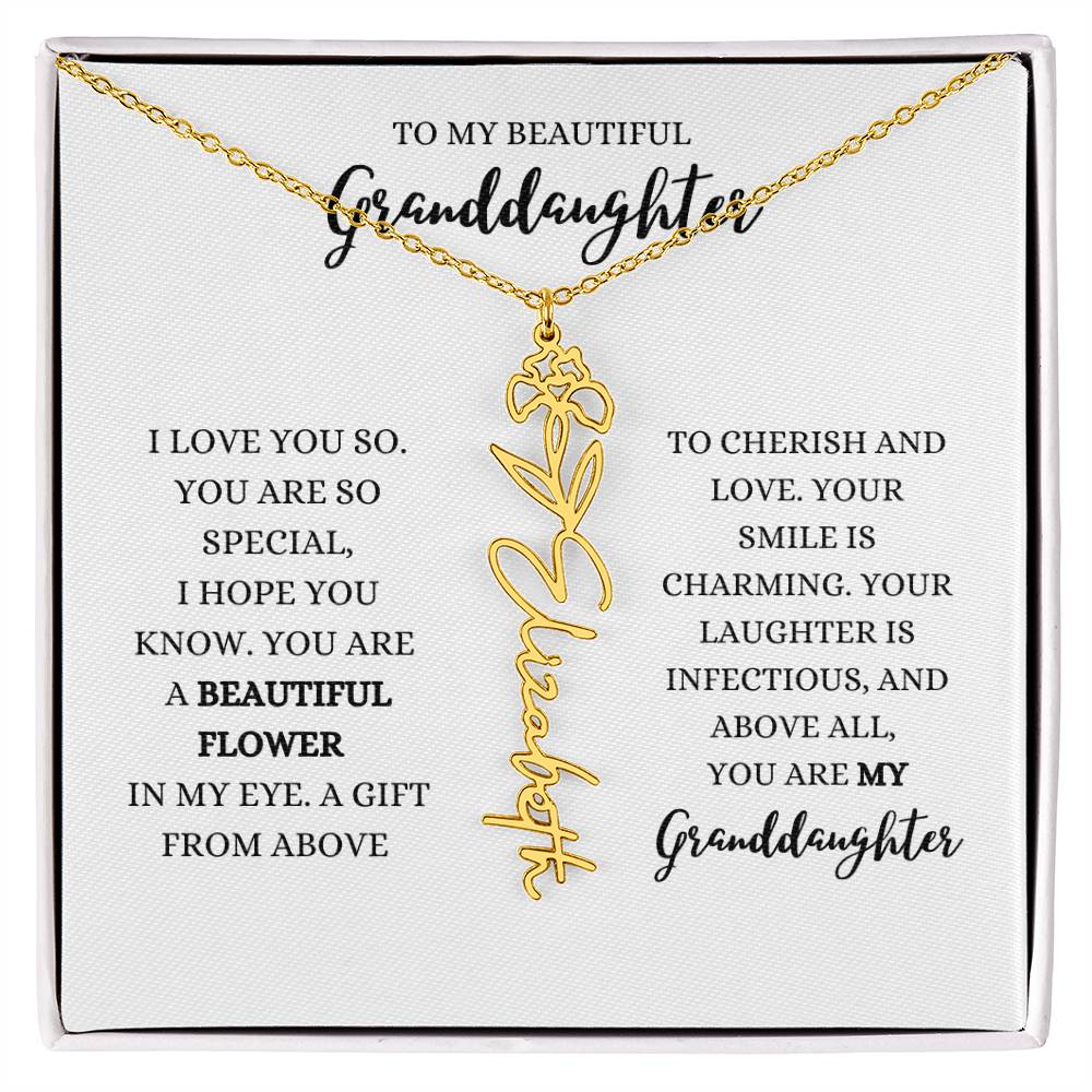 "TO MY GRANDDAUGHTER" BIRTH FLOWER NAME NECKLACE - POLISHED STAINLESS STEEL OR 18K YELLOW GOLD FINISH