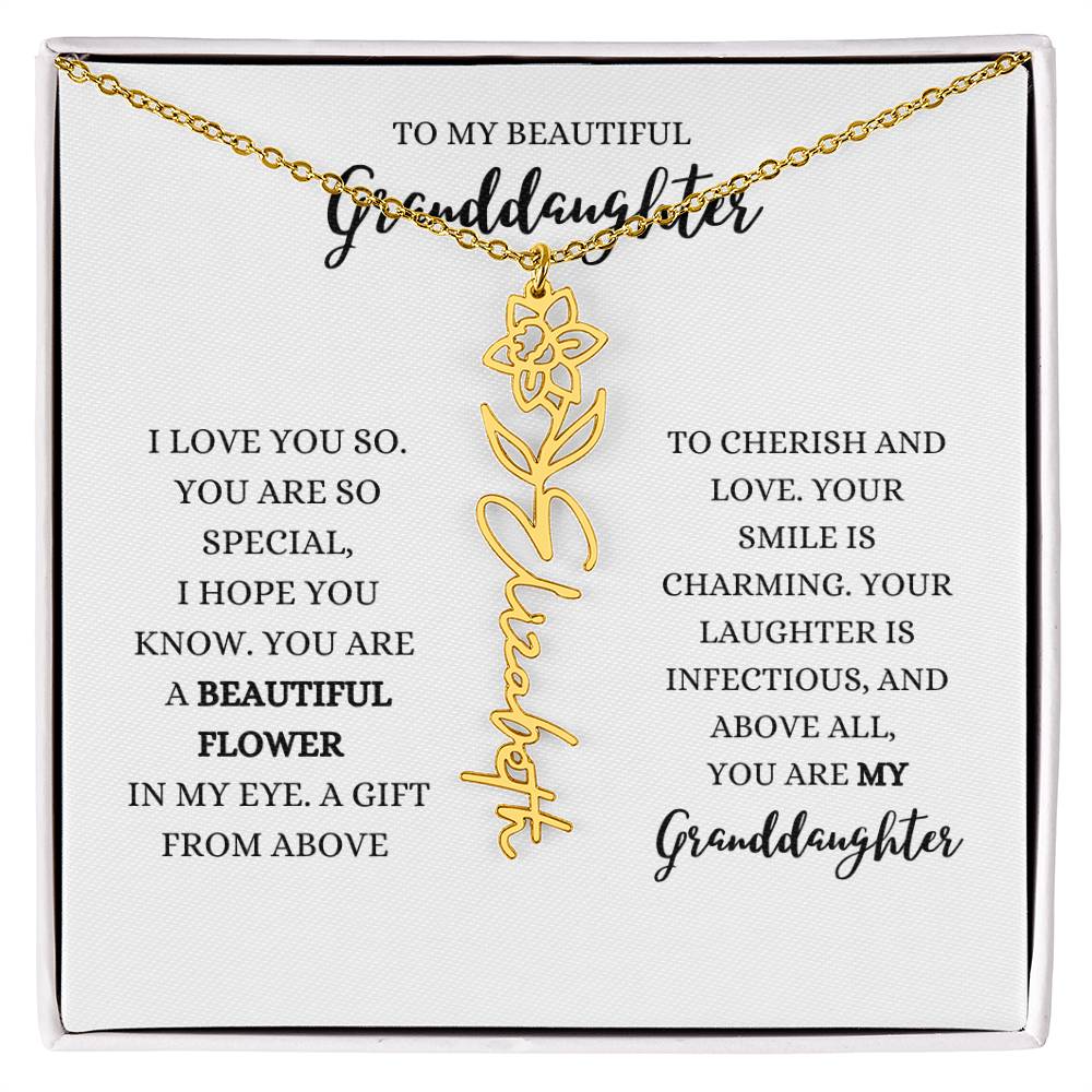 "TO MY GRANDDAUGHTER" BIRTH FLOWER NAME NECKLACE - POLISHED STAINLESS STEEL OR 18K YELLOW GOLD FINISH