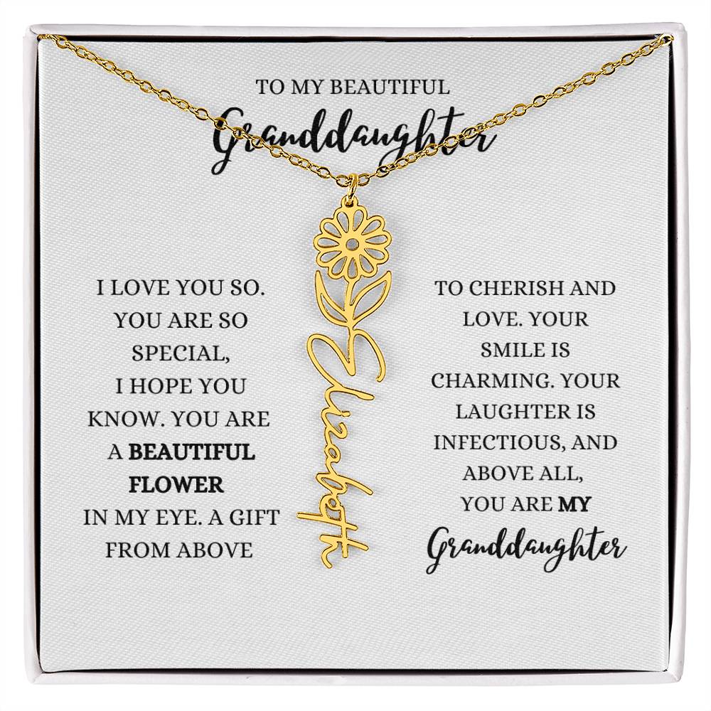 "TO MY GRANDDAUGHTER" BIRTH FLOWER NAME NECKLACE - POLISHED STAINLESS STEEL OR 18K YELLOW GOLD FINISH