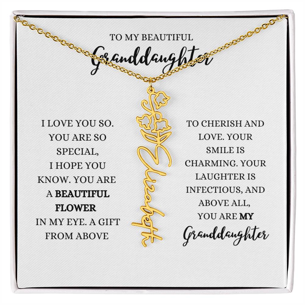 "TO MY GRANDDAUGHTER" BIRTH FLOWER NAME NECKLACE - POLISHED STAINLESS STEEL OR 18K YELLOW GOLD FINISH