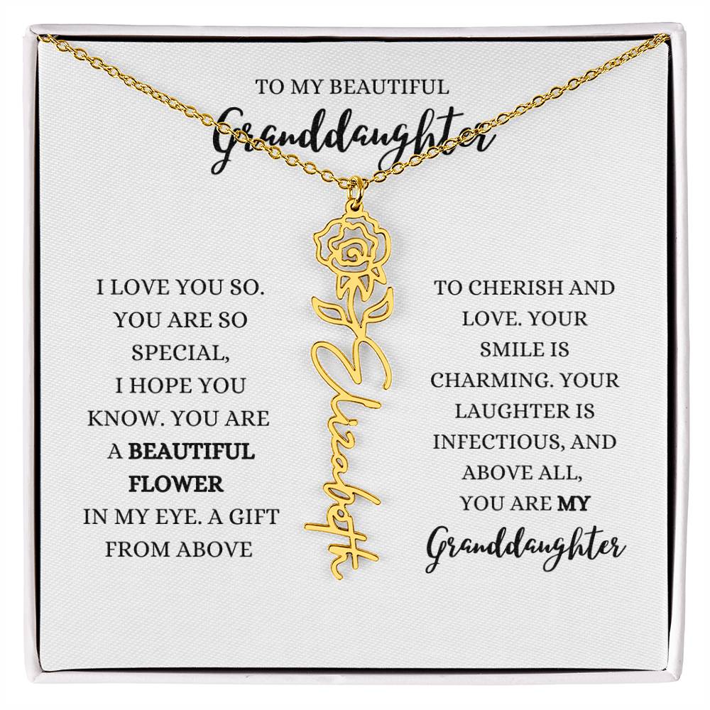 "TO MY GRANDDAUGHTER" BIRTH FLOWER NAME NECKLACE - POLISHED STAINLESS STEEL OR 18K YELLOW GOLD FINISH