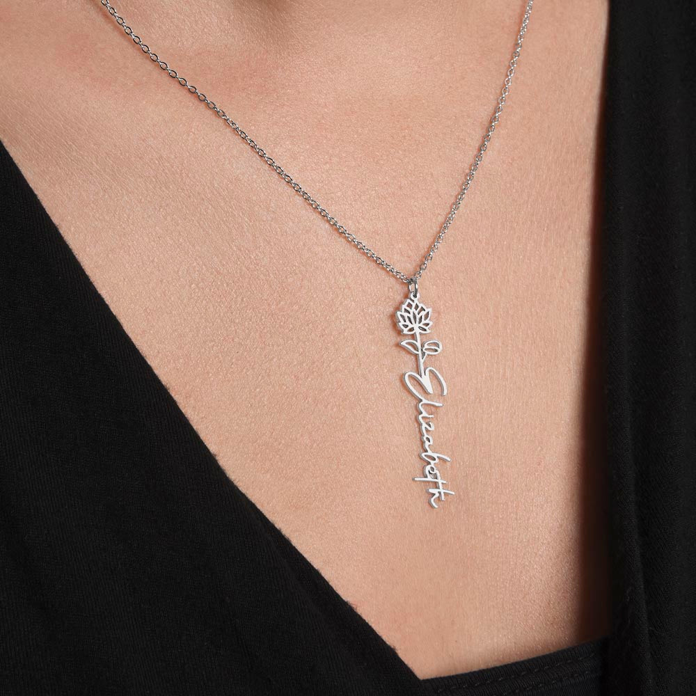 "TO MY GRANDDAUGHTER" BIRTH FLOWER NAME NECKLACE - POLISHED STAINLESS STEEL OR 18K YELLOW GOLD FINISH