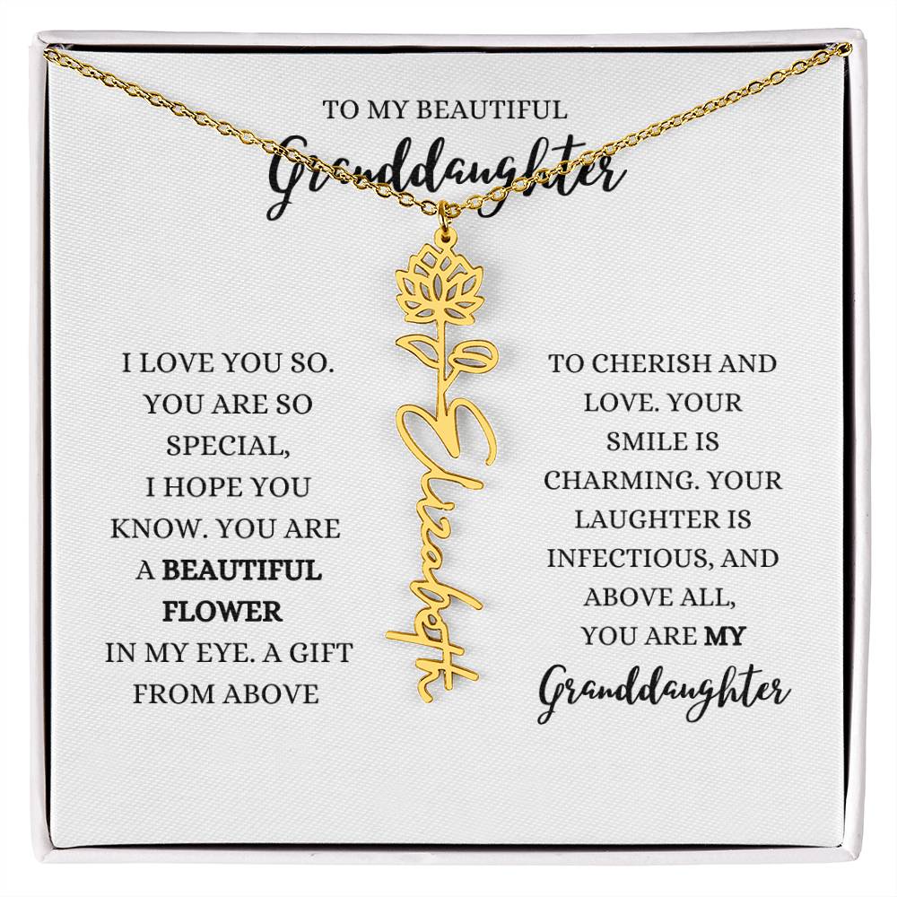 "TO MY GRANDDAUGHTER" BIRTH FLOWER NAME NECKLACE - POLISHED STAINLESS STEEL OR 18K YELLOW GOLD FINISH