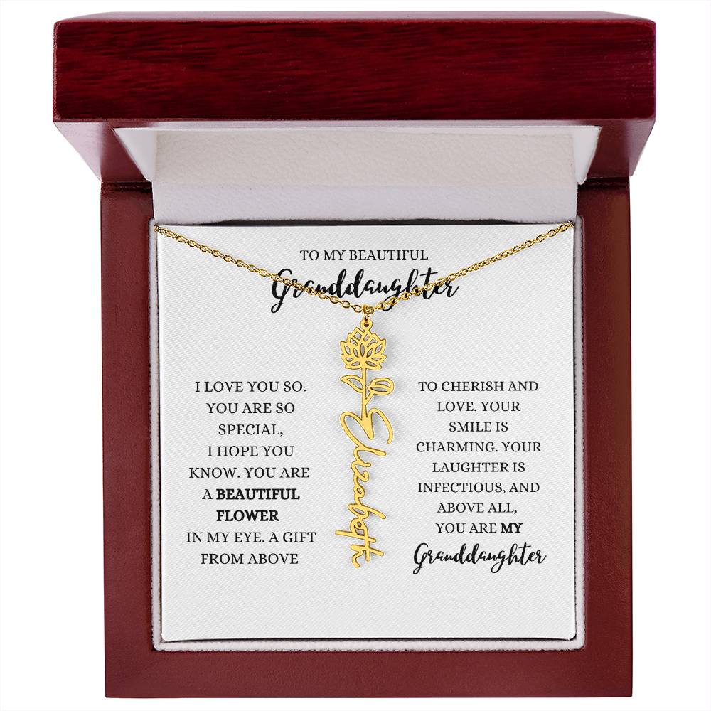 "TO MY GRANDDAUGHTER" BIRTH FLOWER NAME NECKLACE - POLISHED STAINLESS STEEL OR 18K YELLOW GOLD FINISH