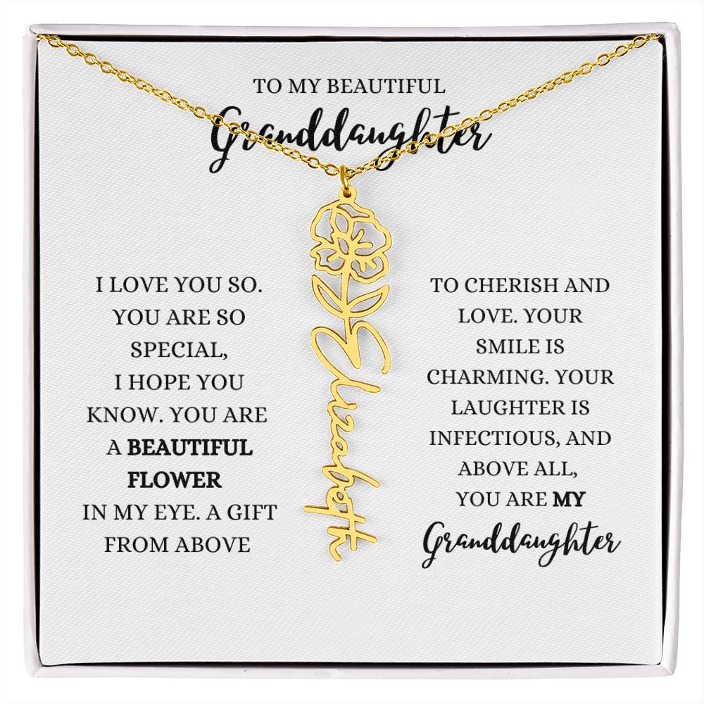 "TO MY GRANDDAUGHTER" BIRTH FLOWER NAME NECKLACE - POLISHED STAINLESS STEEL OR 18K YELLOW GOLD FINISH