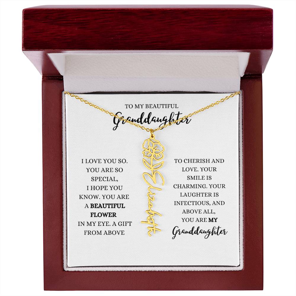 "TO MY GRANDDAUGHTER" BIRTH FLOWER NAME NECKLACE - POLISHED STAINLESS STEEL OR 18K YELLOW GOLD FINISH