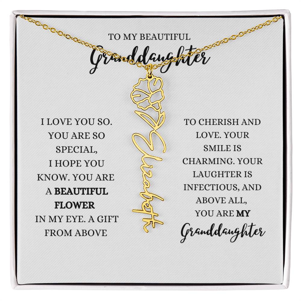 "TO MY GRANDDAUGHTER" BIRTH FLOWER NAME NECKLACE - POLISHED STAINLESS STEEL OR 18K YELLOW GOLD FINISH