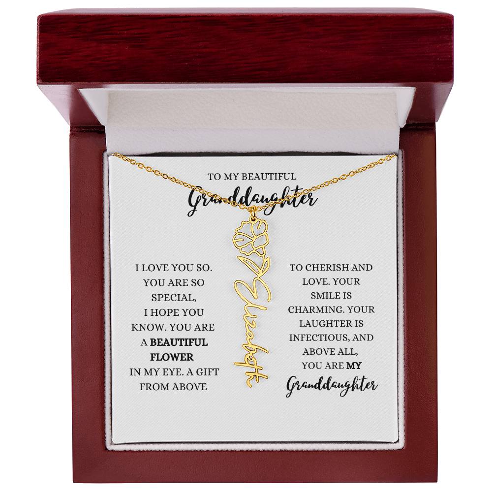 "TO MY GRANDDAUGHTER" BIRTH FLOWER NAME NECKLACE - POLISHED STAINLESS STEEL OR 18K YELLOW GOLD FINISH