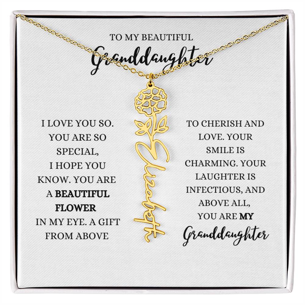 "TO MY GRANDDAUGHTER" BIRTH FLOWER NAME NECKLACE - POLISHED STAINLESS STEEL OR 18K YELLOW GOLD FINISH