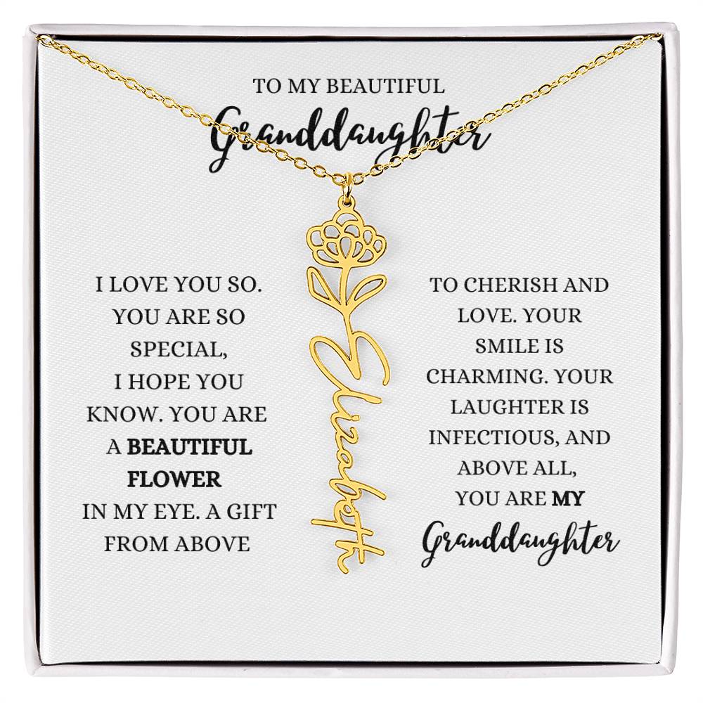 "TO MY GRANDDAUGHTER" BIRTH FLOWER NAME NECKLACE - POLISHED STAINLESS STEEL OR 18K YELLOW GOLD FINISH