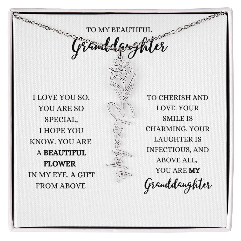 "TO MY GRANDDAUGHTER" BIRTH FLOWER NAME NECKLACE - POLISHED STAINLESS STEEL OR 18K YELLOW GOLD FINISH