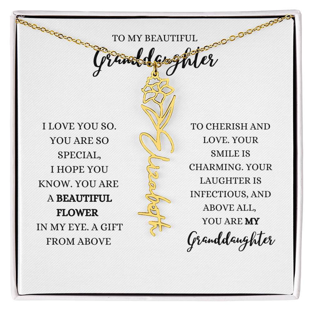 "TO MY GRANDDAUGHTER" BIRTH FLOWER NAME NECKLACE - POLISHED STAINLESS STEEL OR 18K YELLOW GOLD FINISH